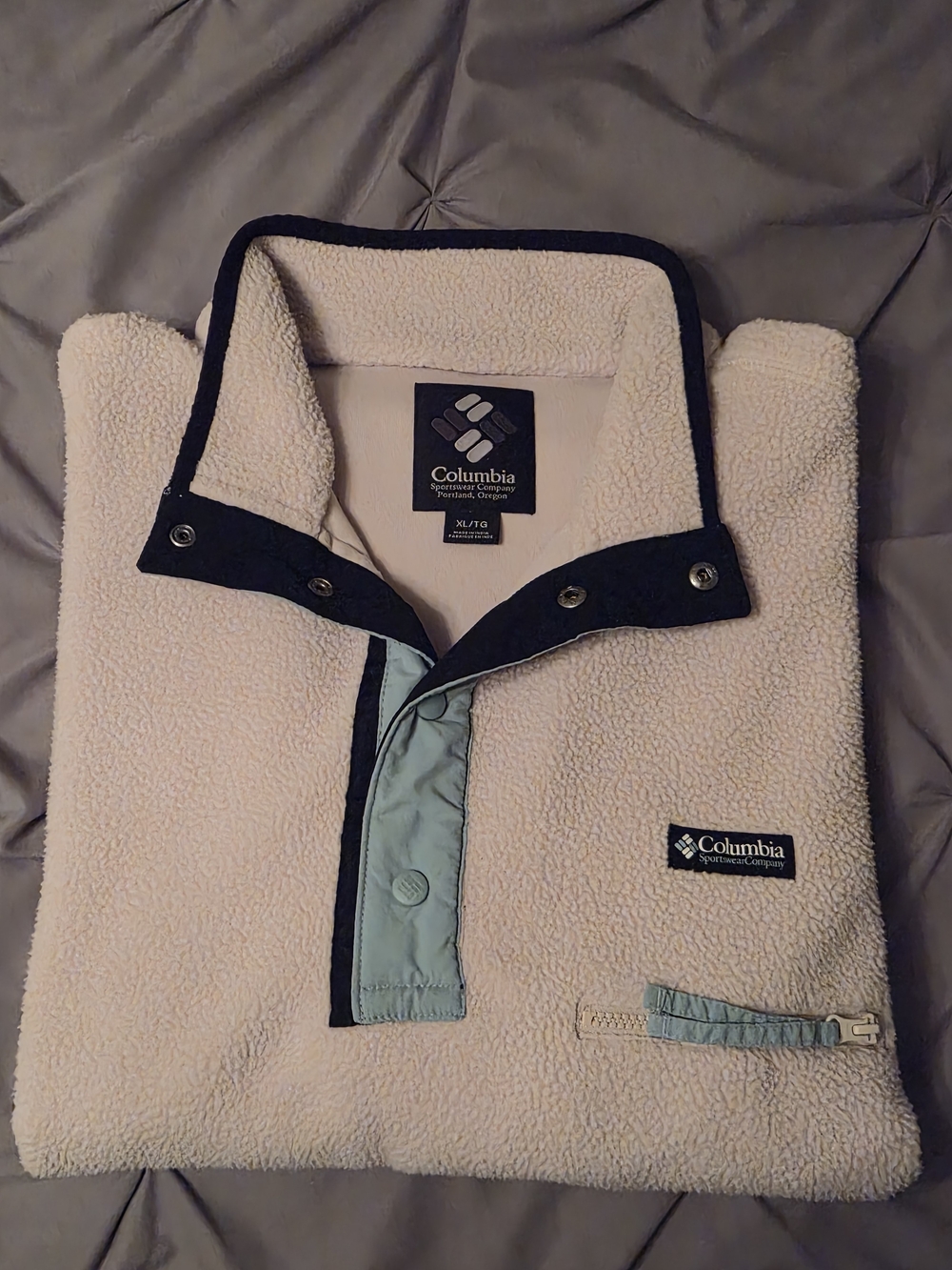 Columbia Men's Cream Sherpa Zip-Up with Navy Trim
